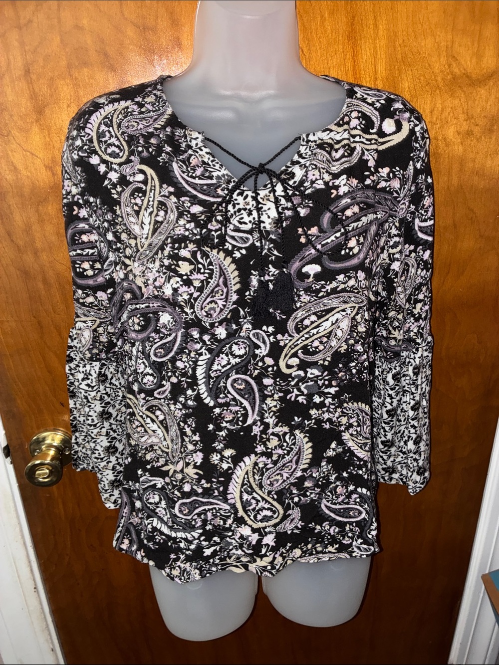 Basic Editions Black Paisley Lace-Up Long Sleeve Tunic